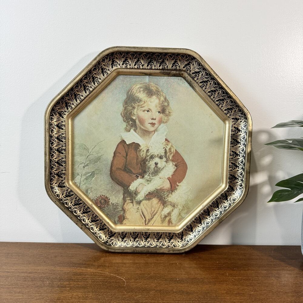 Vintage Octagonal Wall Plaque Boy with Dog Gold Black Ornate Frame Collectible